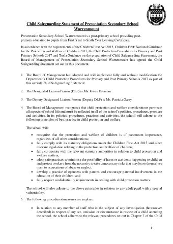 Child Safeguarding Statement of Presentation Secondary School  Warrenmount  Presentation Secondary