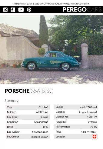 PEREGO CARS PORSCHE 356 B SC  Summary  Engine  Year  01.1963  4 cyl. 1582 cm3  Gearbox  Mileage