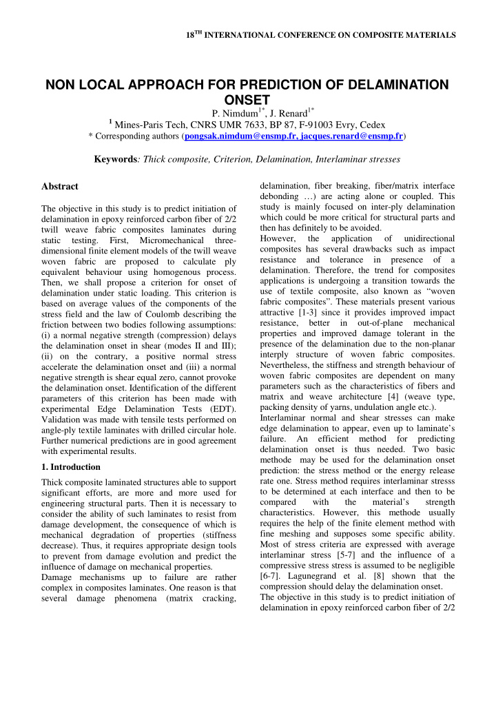 non local approach for prediction of delamination