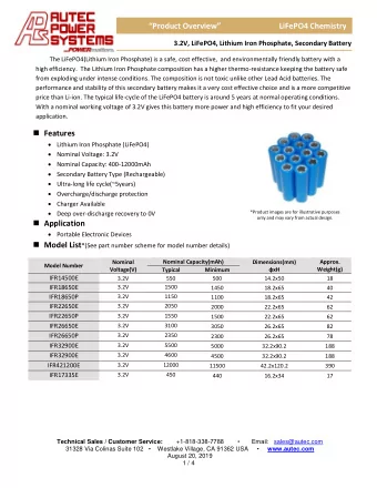 Product Overview LiFePO4 Chemistry  3.2V, LiFePO4, Lithium Iron Phosphate, Secondary Battery