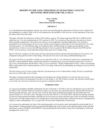 REPORT ON THE LONG TERM RESULTS OF BATTERY CAPACITY  RECOVERY PROCESSES FOR VRLA CELLS  Peter J.