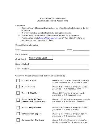 Aurora Water Youth Education  Classroom Presentation Request Form  Please note:  Aurora