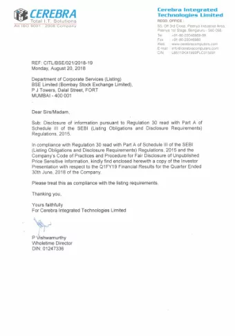 Cerebra Integrated Technologies  Marc  rchi  hing  ng Towards  rds Green  en Growth  wth  Investor