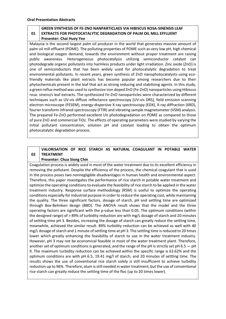 oral presentation abstracts green synthesis of fe zno