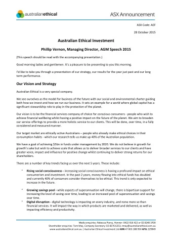 Australian Ethical Investment  Phillip Vernon, Managing Director, AGM Speech 2015  (This speech