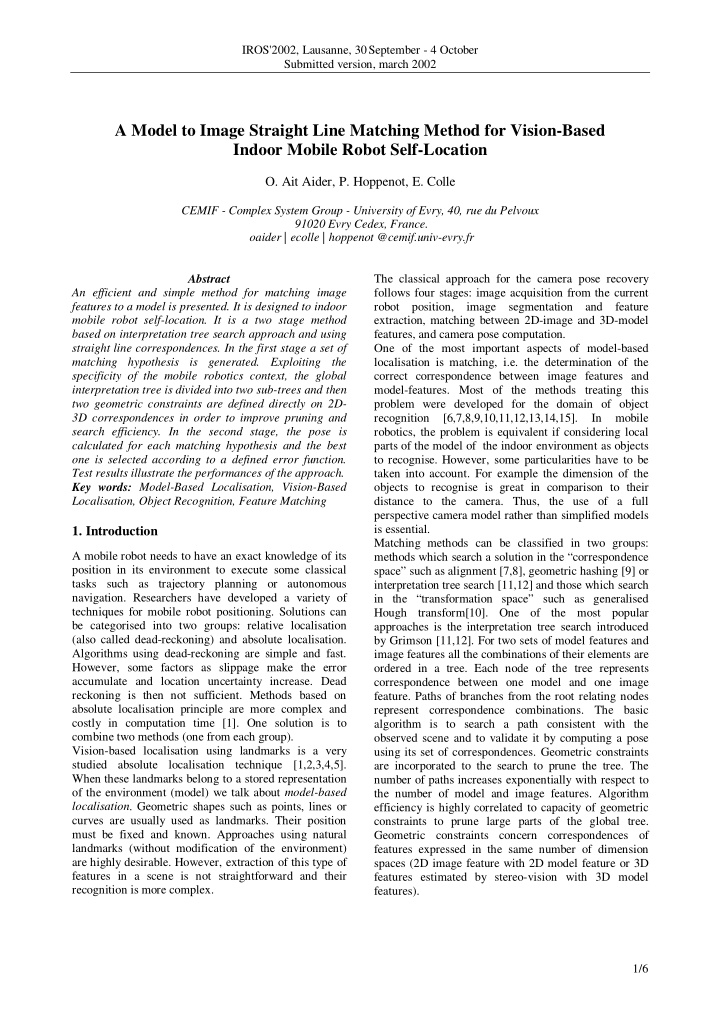 a model to image straight line matching method for vision