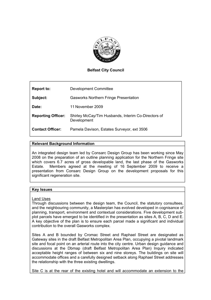 belfast city council report to development committee