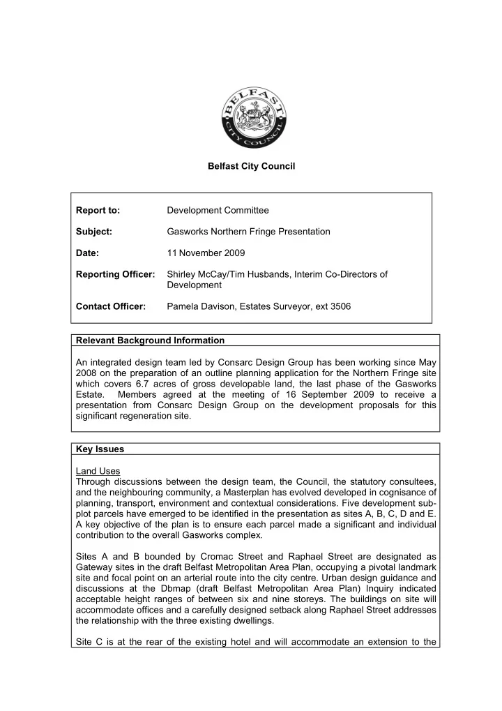 belfast city council report to development committee