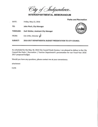 Parks | Recreation |  T  ourism  2016-17 Department Budget  Presentation to the City Council