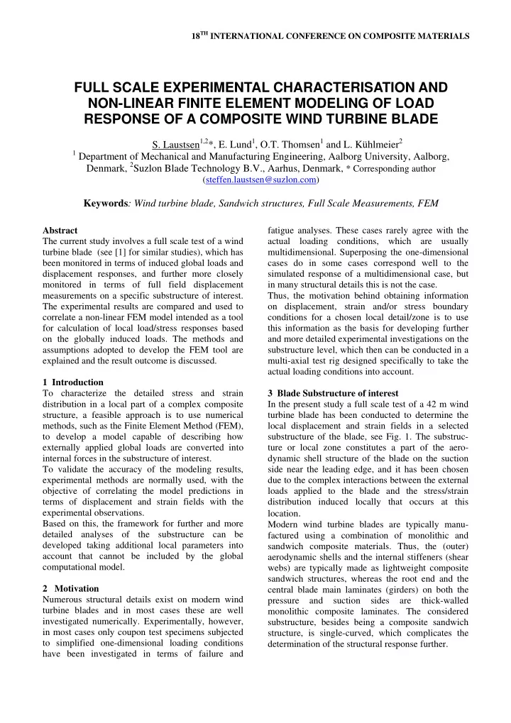 full scale experimental characterisation and non linear