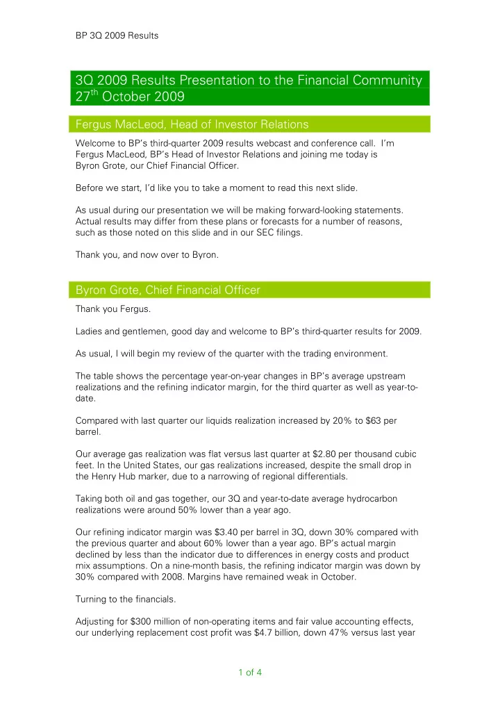 3q 2009 results presentation to the financial community
