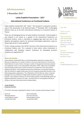 For personal use only  Lanka Graphite Limited (ASX: LGR, Lanka, the Company) is pleased
