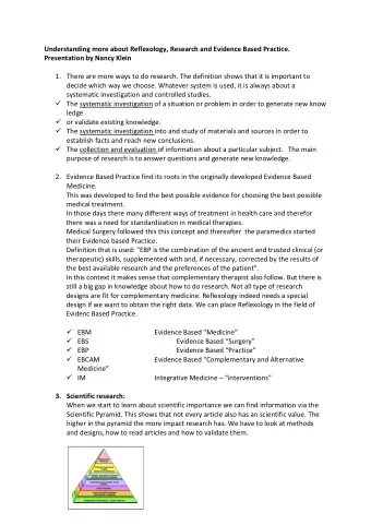 Understanding more about Reflexology, Research and Evidence Based Practice.  Presentation by Nancy