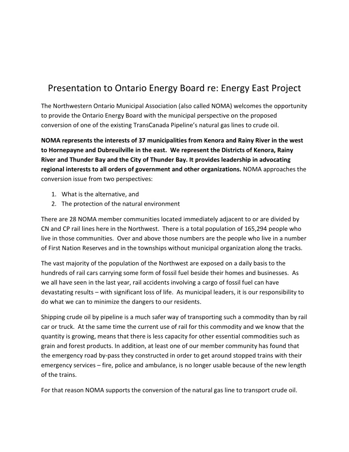 presentation to ontario energy board re energy east