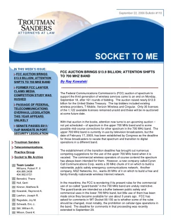 September 22, 2006 Bulletin #110  IN THIS WEEK'S ISSUE:  FCC AUCTION BRINGS $13.9 BILLION;
