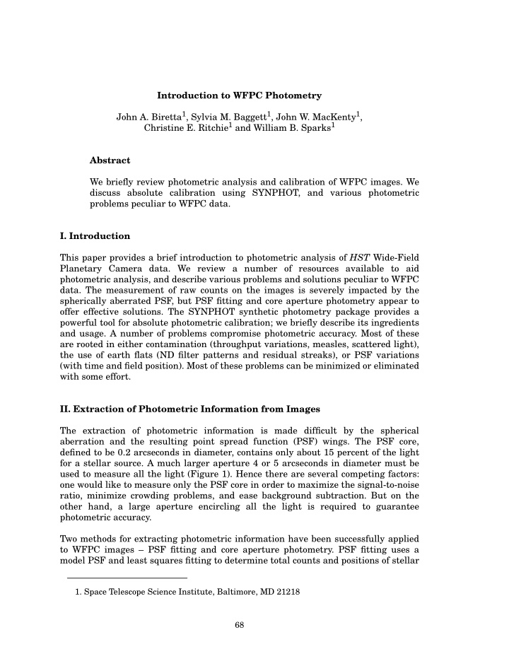introduction to wfpc photometry john a biretta 1 sylvia m