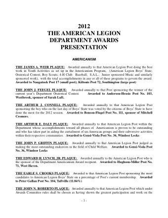 2012  THE AMERICAN LEGION  DEPARTMENT AWARDS  PRESENTATION  AMERICANISM THE JAMES A. WEIR PLAQUE: