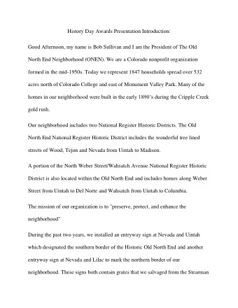 History Day Awards Presentation Introduction:  Good Afternoon, my name is Bob Sullivan and I am the