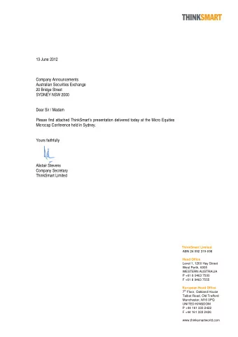 13 June 2012  Company Announcements  Australian Securities Exchange  20 Bridge Street  SYDNEY NSW