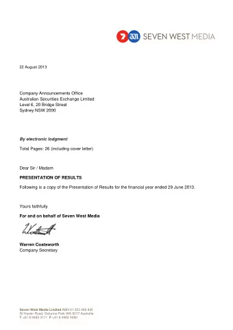 Company Announcements Office  Australian Securities Exchange Limited  Level 6, 20 Bridge Street