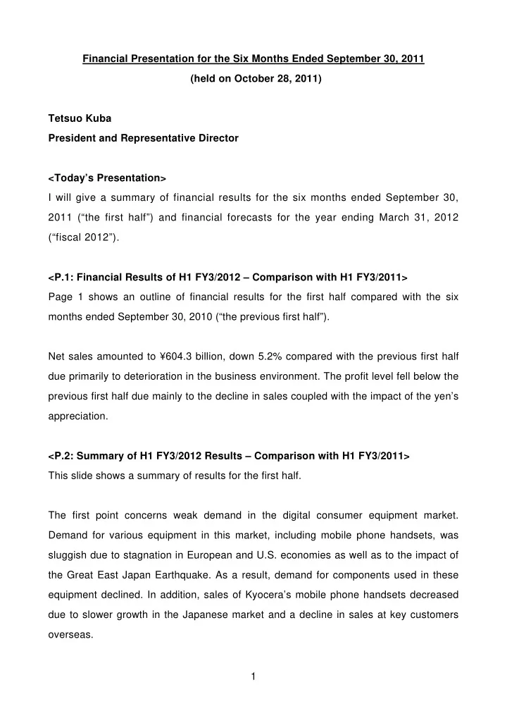 financial presentation for the six months ended september