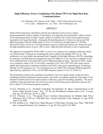 High Efficiency Power Combining of Ka-Band TWTs for High Data Rate  Communications  E.G. Wintucky,