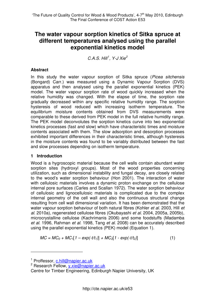 the water vapour sorption kinetics of sitka spruce at