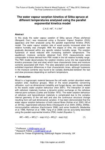 The water vapour sorption kinetics of Sitka spruce at  different temperatures analysed using the