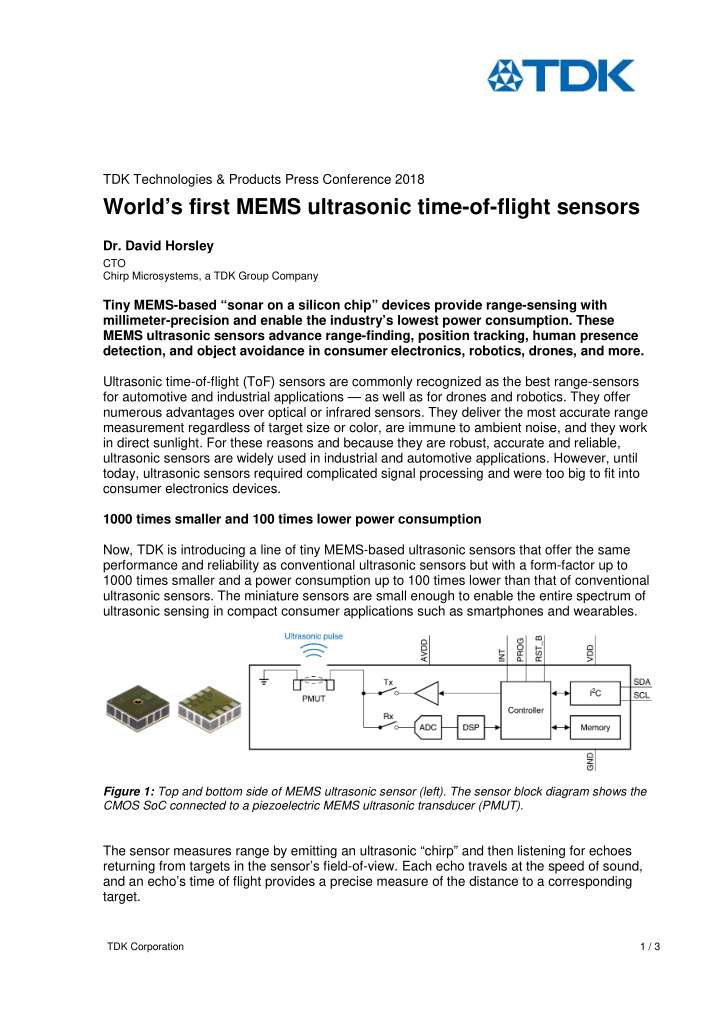 world s first mems ultrasonic time of flight sensors