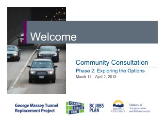 Welcome Community Consultation  Phase 2: Exploring the Options  March 11  April 2, 2013  About