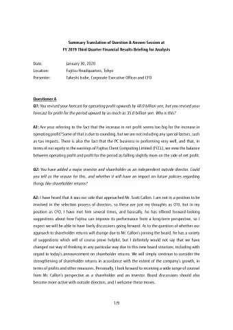 Summary Translation of Question &amp; Answer Session at  FY 2019 Third Quarter Financial Results