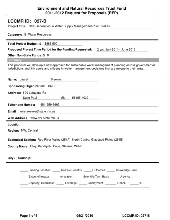 LCCMR ID: 027-B  Project Title:  New Generation in Water Supply Management-Pilot Studies  Category: