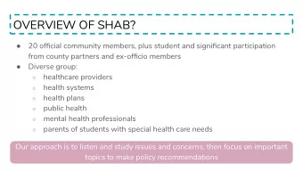 OVERVIEW OF SHAB?  20 official community members, plus student and significant participation