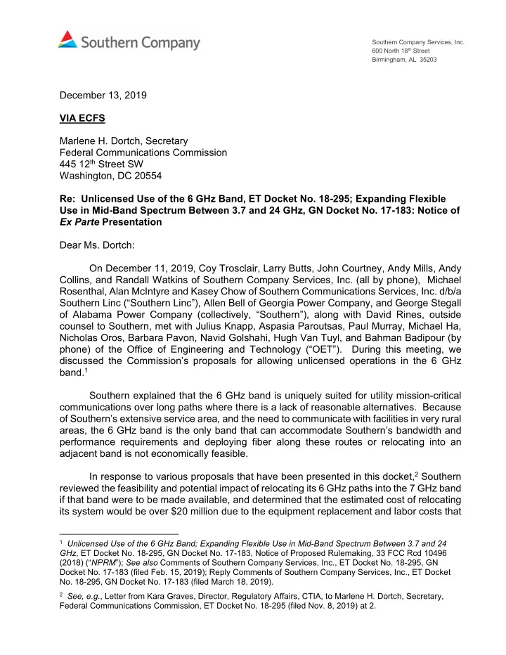 december 13 2019 via ecfs marlene h dortch secretary
