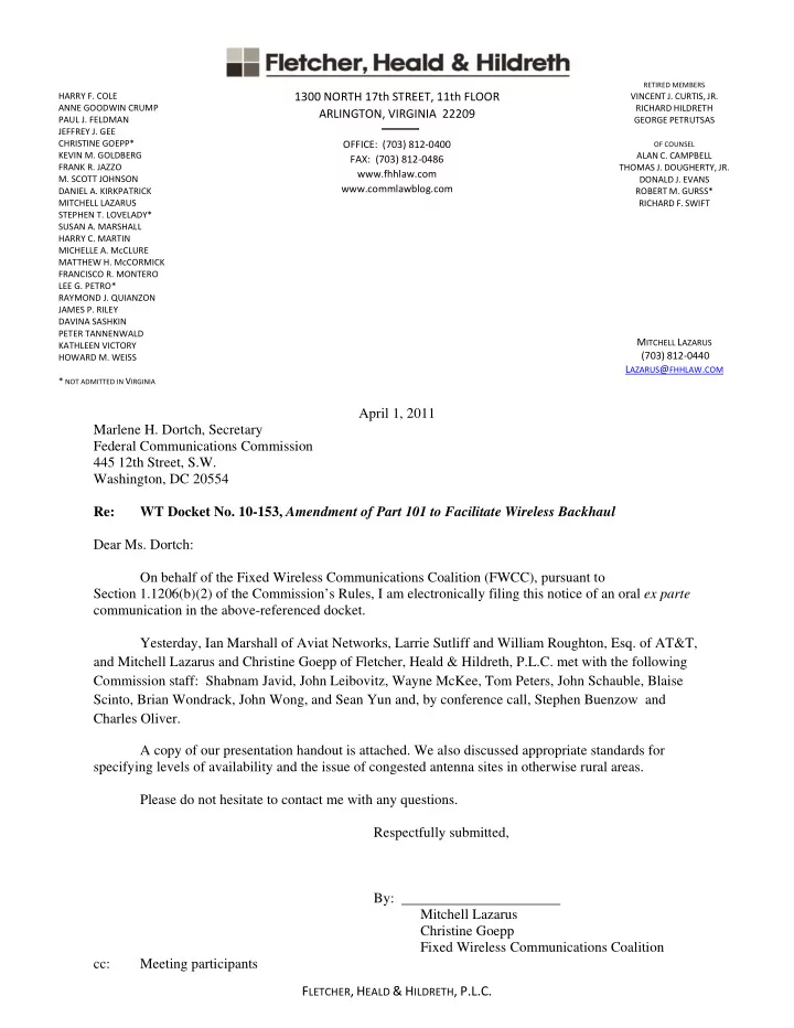 april 1 2011 marlene h dortch secretary federal