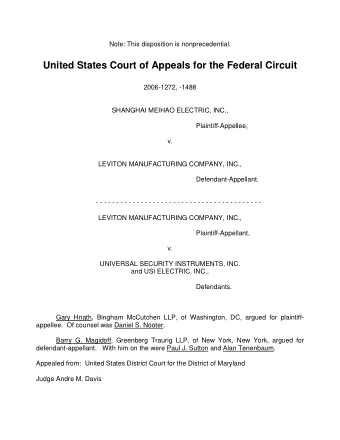 United States Court of Appeals for the Federal Circuit  2006-1272, -1488  SHANGHAI MEIHAO ELECTRIC,