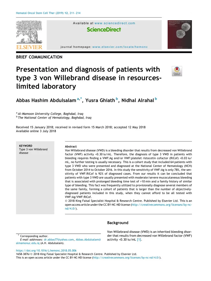 presentation and diagnosis of patients with type 3 von