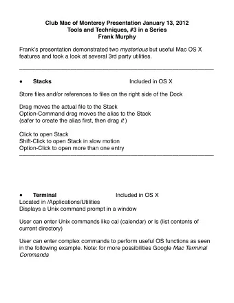 Club Mac of Monterey Presentation January 13, 2012  Tools and Techniques, #3 in a Series  Frank