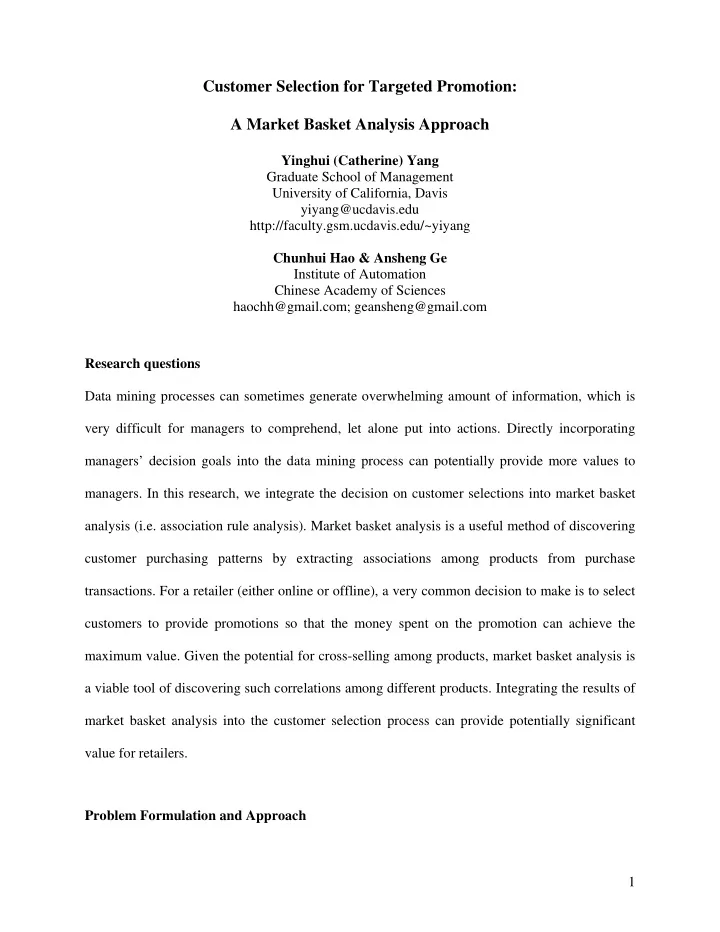 customer selection for targeted promotion a market basket