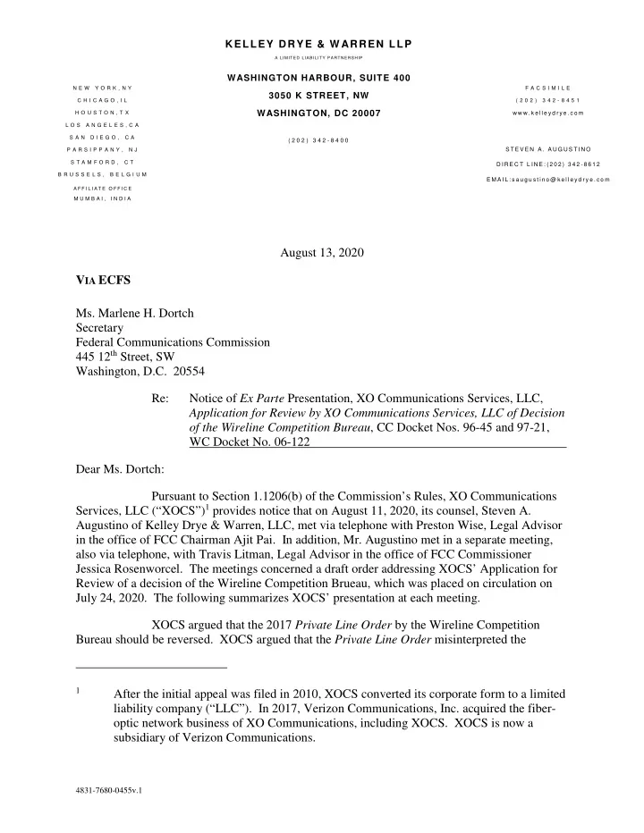 august 13 2020 v ia ecfs ms marlene h dortch secretary