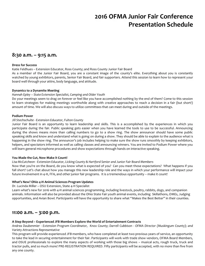 2016 ofma junior fair conference presentation schedule