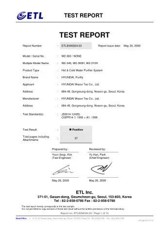 TEST REPORT DIRECTORY  Pages  A) Documentation  Directory  2  Test Standards  3  Address of the