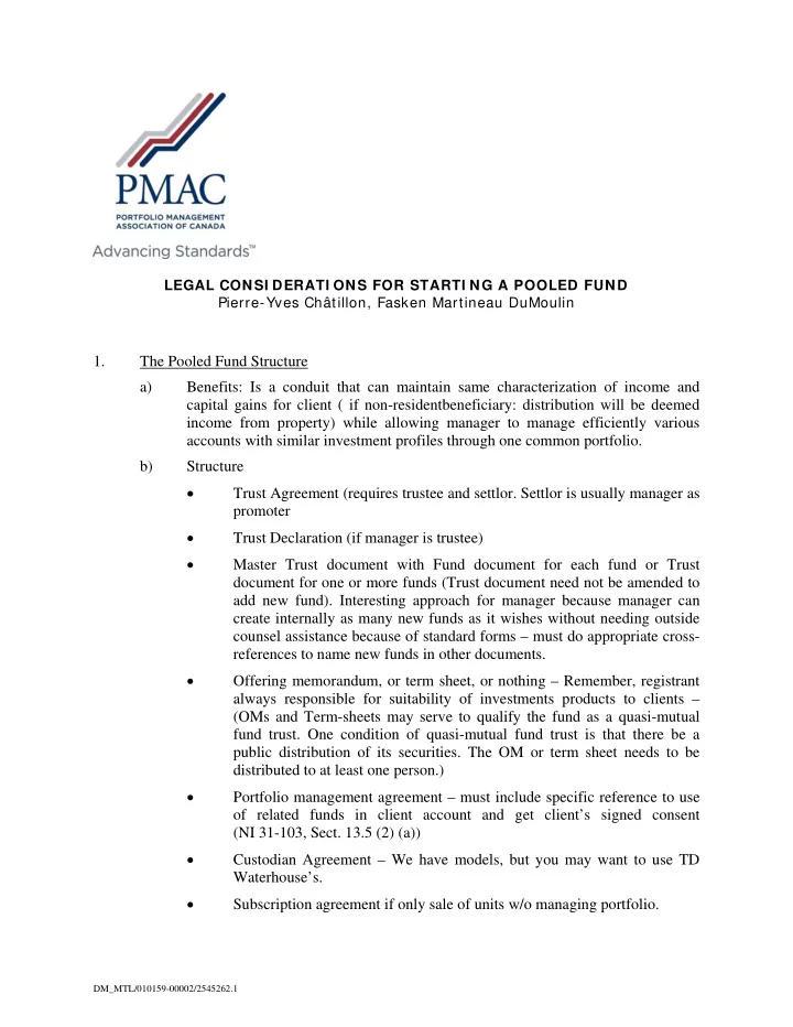 legal consi derati ons for starti ng a pooled fund pierre