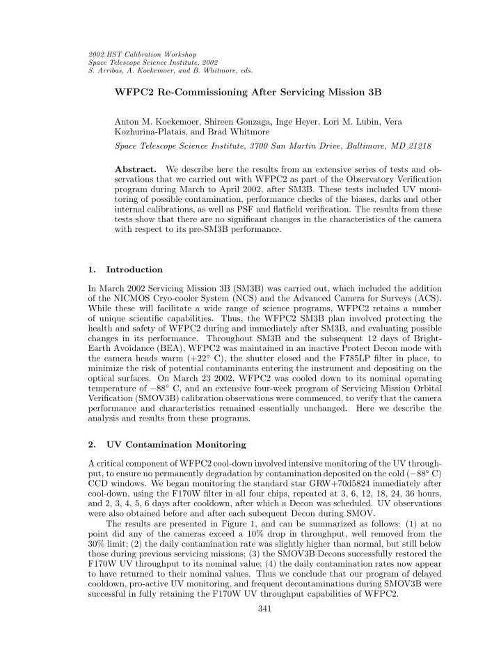 wfpc2 re commissioning after servicing mission 3b