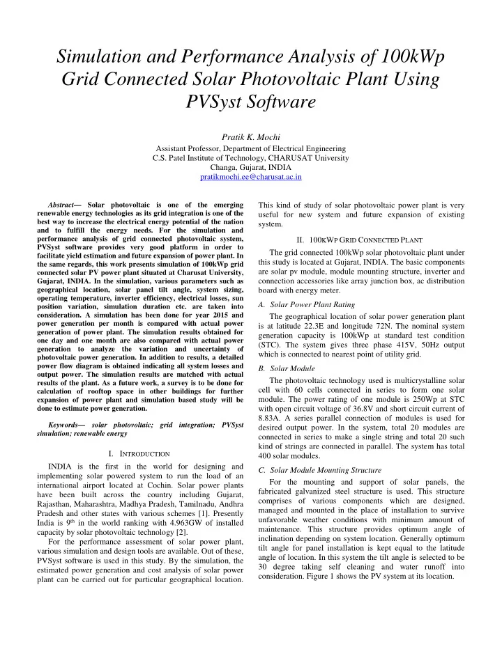 simulation and performance analysis of 100kwp grid