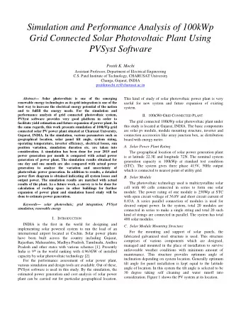 Simulation and Performance Analysis of 100kWp  Grid Connected Solar Photovoltaic Plant Using