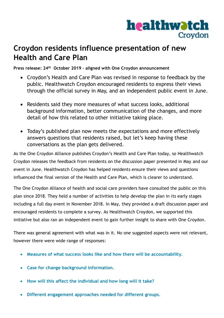 croydon residents influence presentation of new health