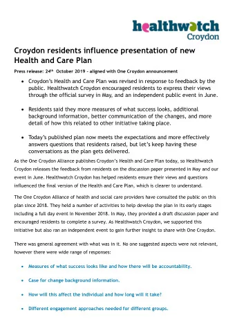Croydon residents influence presentation of new  Health and Care Plan Press release: 24 th October