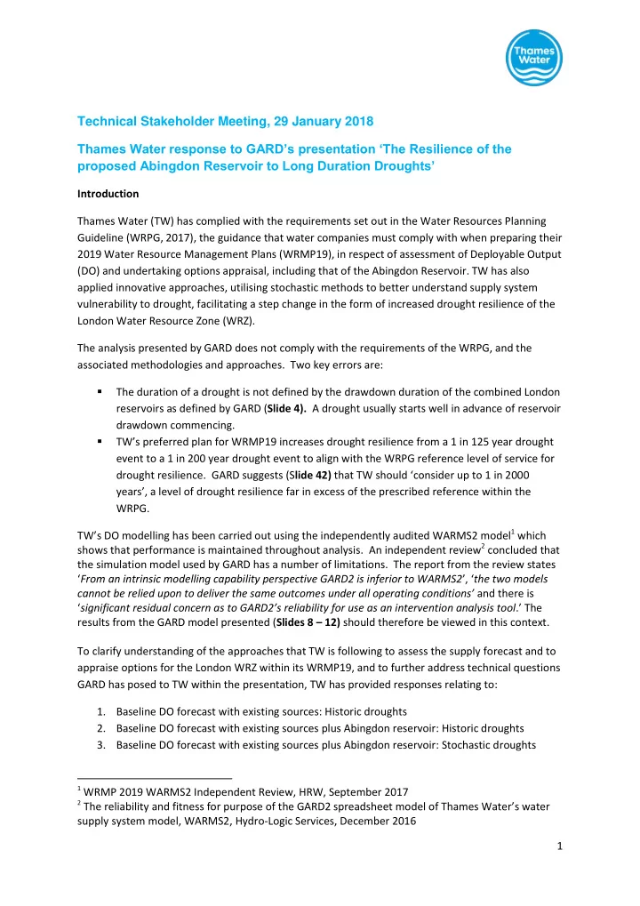 technical stakeholder meeting 29 january 2018 thames