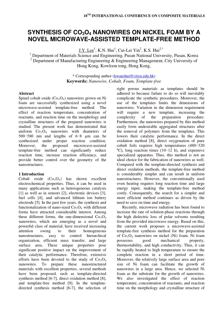 synthesis of co 3 o 4 nanowires on nickel foam by a novel